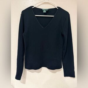 Lauren Ralph Lauren Black 100% Cotton V-Neck Long Sleeve Top size Large